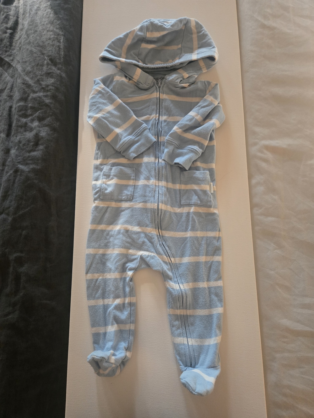 GAP Hooded Footed One-Piece in Light Blue and White Stripes